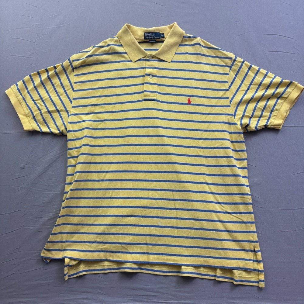 Polo Ralph Lauren Mens 2XL Big Yellow Blue Striped Short Sleeve Pique Polo Shirt